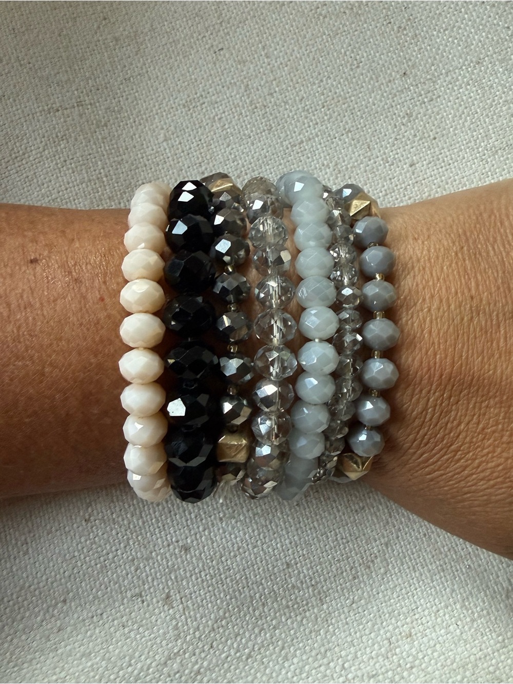 7 Neutral Faceted Stackable Bracelet Set - Cream, Black & Gray